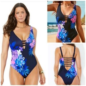 SWIMSUITS FOR ALL  Floral Strappy One-Piece Swimsuit Plus Size 26